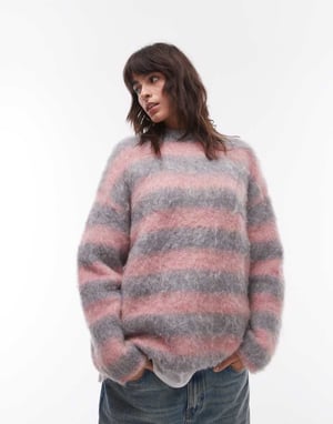 Topshop stickad ultra fluffig randig avslappnad jumper i rosa och grå