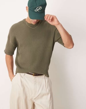 ASOS DESIGN avslappnad stickad t-shirt med ribbad panel i khaki