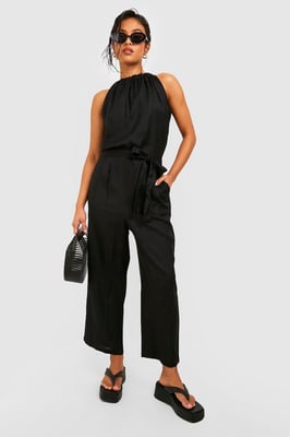 Petite Belted Halter Linen Look Culotte Jumpsuit