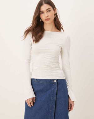 Gina Tricot Soft Touch långärmad båturringad topp i off white