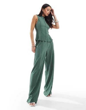 Vero Moda texturerad jersey söm framtill byxdress i grönmossa
