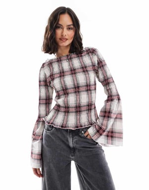 ASOS DESIGN poplin- toppen med volangärmar i röd rutigt