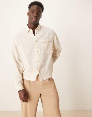 ASOS DESIGN boxy texturerad regelbundet skjorta med rördetalj i beige