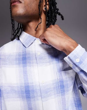 ASOS DESIGN boxy linen blend regular shirt with patch pocket in blue and white