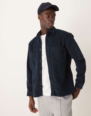 Selected cord overshirt in navy pin stripe