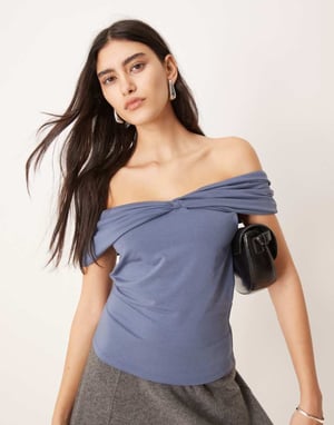 Abercrombie & Fitch asymmetric twist off shoulder top in indigo