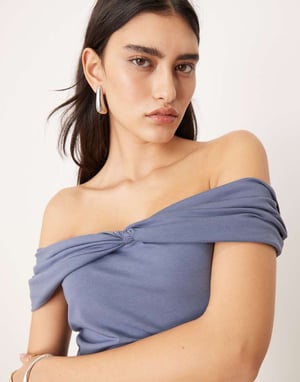 Abercrombie & Fitch asymmetric twist off shoulder top in indigo