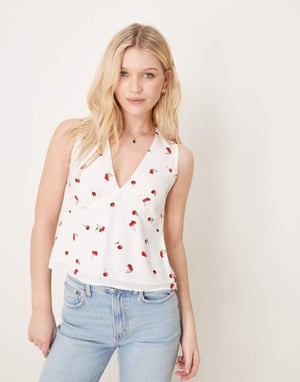 Abercrombie & Fitch plunge neck sleeveless top in cherry print