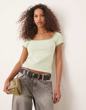 ASOS DESIGN square neck short sleeve waffle top with blanket stitch in sage