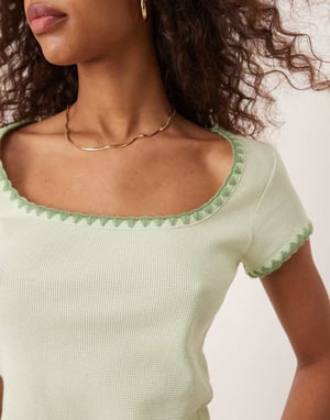 ASOS DESIGN square neck short sleeve waffle top with blanket stitch in sage