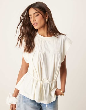 ASOS DESIGN trapeze t-shirt with tie waist in cream