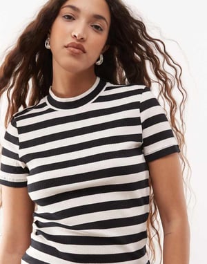 Noisy May short sleeve rib top in black and cream stripe