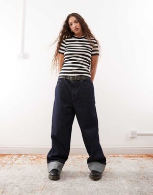 Noisy May short sleeve rib top in black and cream stripe