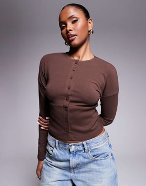 ASOS DESIGN long sleeve button up top with ribbed waist and cuffs in chocolate