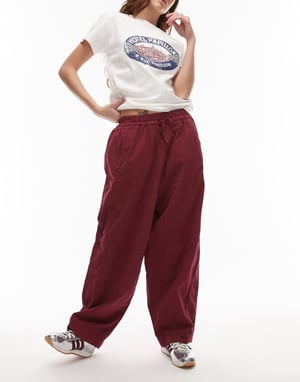Topshop pull on cargo trouser with waistband in burgundy