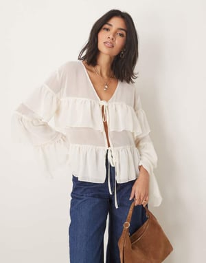 ASOS DESIGN chiffon boho ruffle blouse in cream