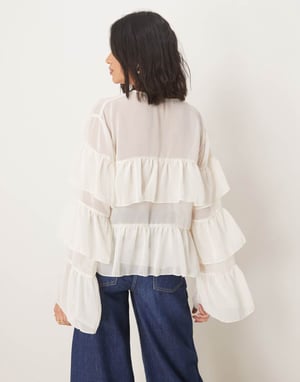 ASOS DESIGN chiffon boho ruffle blouse in cream