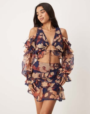 ASOS DESIGN long sleeve ruffle detail top co-ord in midnight floral