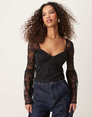 ASOS DESIGN lace top with gathered flared sleeves in black