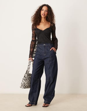 ASOS DESIGN lace top with gathered flared sleeves in black