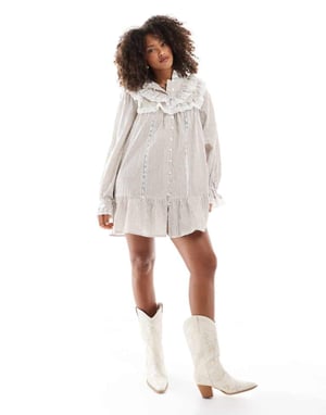 Miss Selfridge western frill detail shirt dress in stripe print