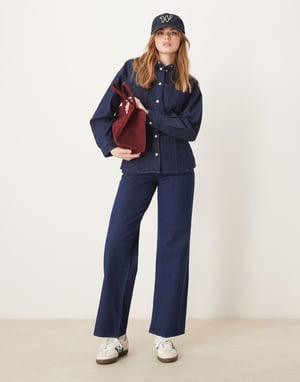 Vila midjeinsydd denimskjorta set i mörkblå denim