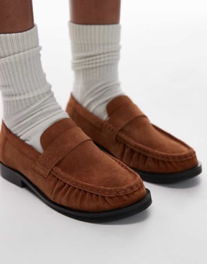Topshop Carey suede loafers with ruched detail in tan