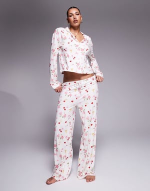 Kaiia exclusive mix & match pyjama shirt co-ord in cherry rose bow print