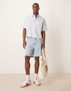 ASOS DESIGN boxy linen blend shirt with tonal chest embroidery in blue