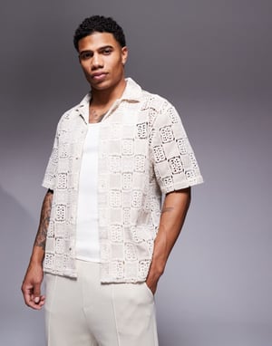ASOS DESIGN boxy loose fit premium crochet shirt in neutral