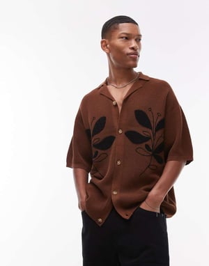 Topman avslappnad blommig appliké krage stickad skjorta i brunt