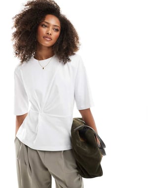 ASOS DESIGN twist detail oversized t shirt with shoulder pads in white