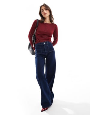 ASOS DESIGN tunn mesh henley långärmad topp i vinröd
