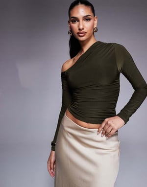 Kaiia exclusive double layered slinky off shoulder long sleeve top in khaki