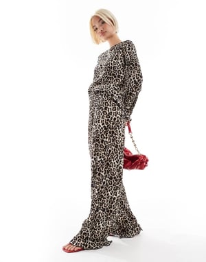Pieces plisserad långärmad topp set i leopardmönster