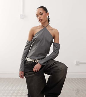 Labelrail x Jennifer McKing tailored halter long sleeve top in school grey