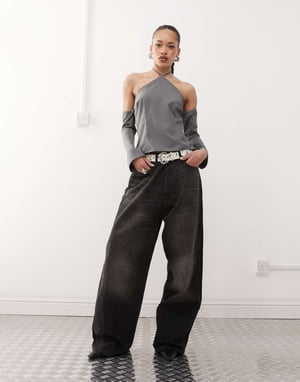 Labelrail x Jennifer McKing tailored halter long sleeve top in school grey