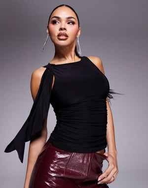 Kaiia exclusive double layered slinky ruched drape detail sleeveless top in black