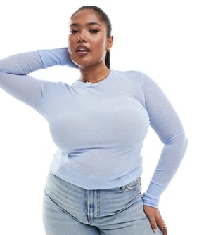 ASOS DESIGN Curve mesh ribbad crew-neck baslager topp i ljusblått
