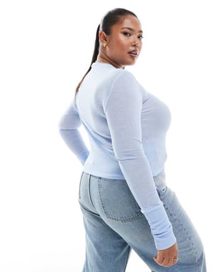 ASOS DESIGN Curve mesh ribbad crew-neck baslager topp i ljusblått