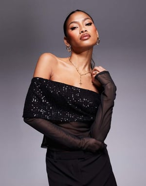 ASOS DESIGN bardot off shoulder paljetttopp i svart