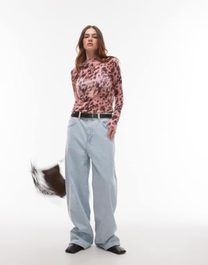 Topshop leopardkrinklad långärmad topp i rosa