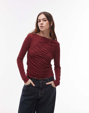 Topshop långärmad skräddarsydd topp i vinröd
