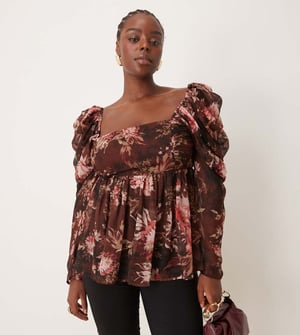 ASOS DESIGN Curve fyrkantig halsringning lös chiffong långärmad topp med blommönster