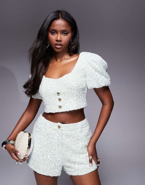 ASOS LUXE co-ord broderad texturerad puffärmsöverdel i mintgrön