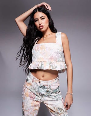ASOS LUXE koord pärlade peplumtryckt denimtopp i blommönster