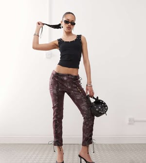 Labelrail x Jennifer McKing shimmer faux leather whipstitch trousers in burgundy