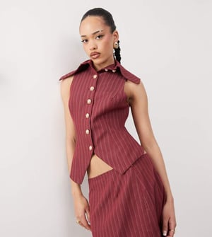 Labelrail x Jennifer McKing high collar tailored pinstripe waistcoat top co-ord in burgundy