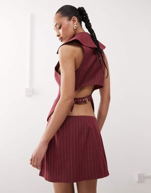 Labelrail x Jennifer McKing high collar tailored pinstripe waistcoat top co-ord in burgundy
