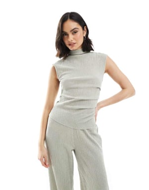 ASOS DESIGN co-ord textured ruched cap sleeve top in grey
